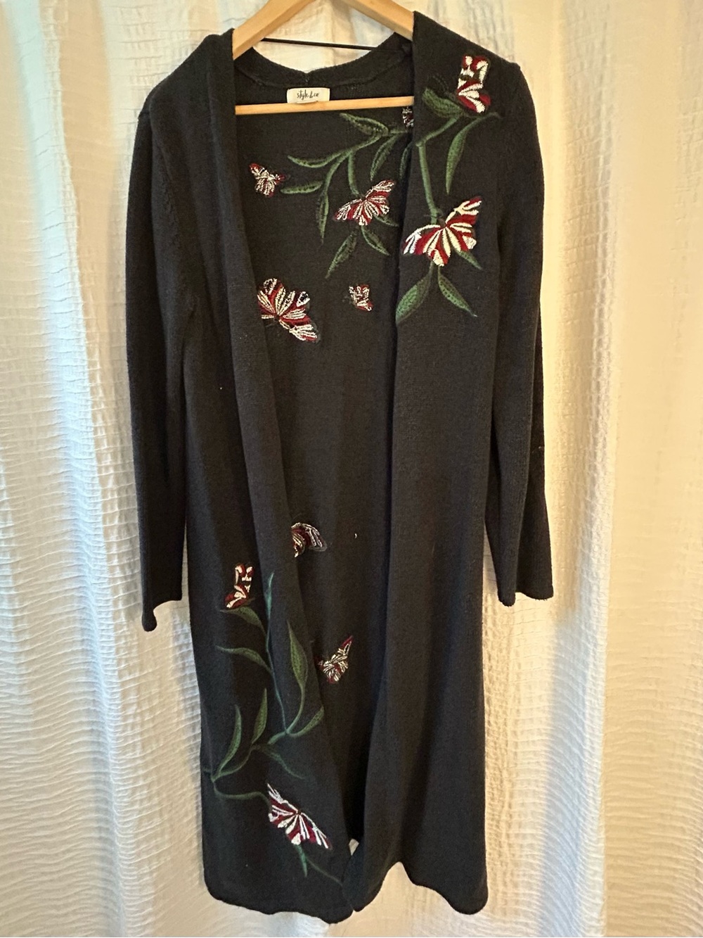 Style & Co. Gray Open-Front Cardigan with Red & White Floral Embroidery